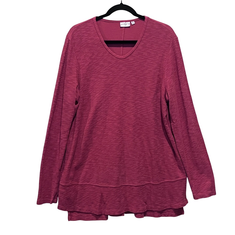 Prairie Cotton Womens Large Pink Slub Knit V-Neck Tiered Hem‎ Tunic Top CS641